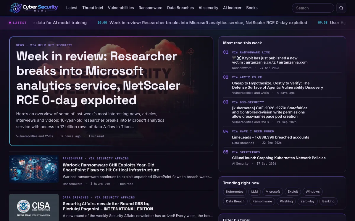 Home page of Cyber Security News